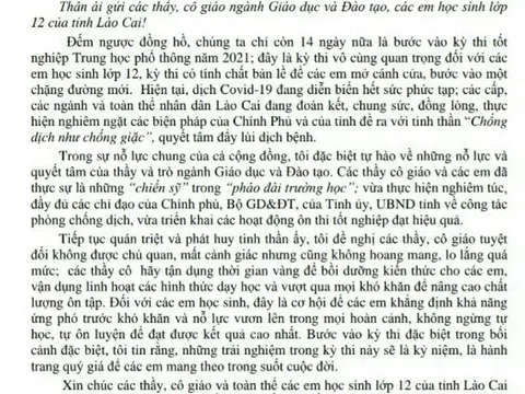 Lào Cai: Giám đốc Sở GD&ĐT gửi thư đến giáo viên và học sinh lớp 12 trước kỳ thi tốt nghiệp THPT 2021