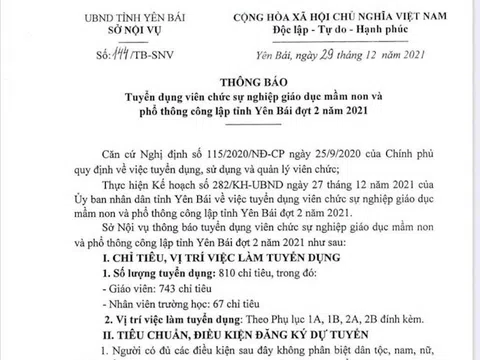 Yên Bái: Tuyển dụng hơn 800 giáo viên